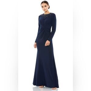 MAC DUGGAL 55713 BEADED HIGH NECK FRONT TWIST LONG SLEEVE TRUMPET GOWN 12 NWT